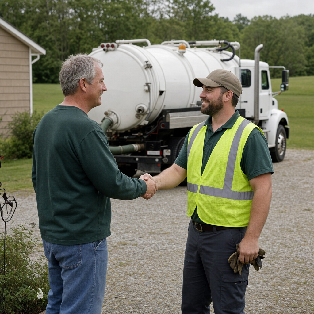 A septic technician shaking a Drayton Plains homeowner's hand beside the service truck after a completed pump-out