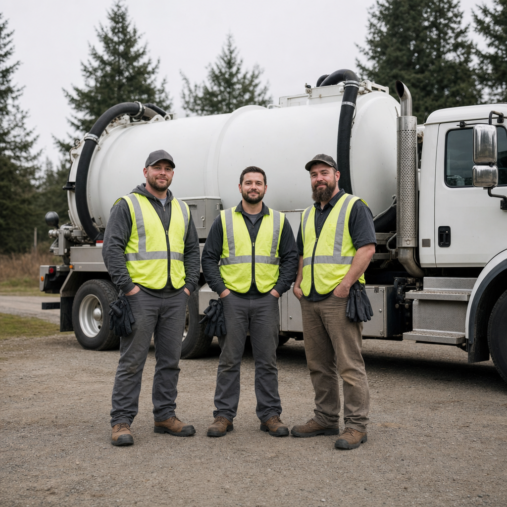 The Drayton Plains septic pumping crew standing together beside their clean white vacuum truck on a residential street