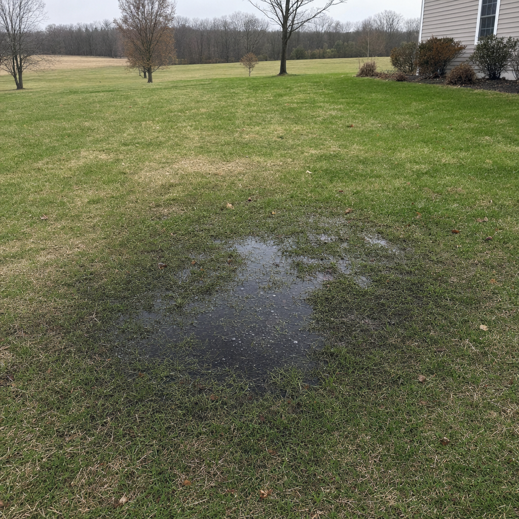 A dark, saturated wet spot in a Drayton Plains backyard lawn marking a failing cesspool at capacity