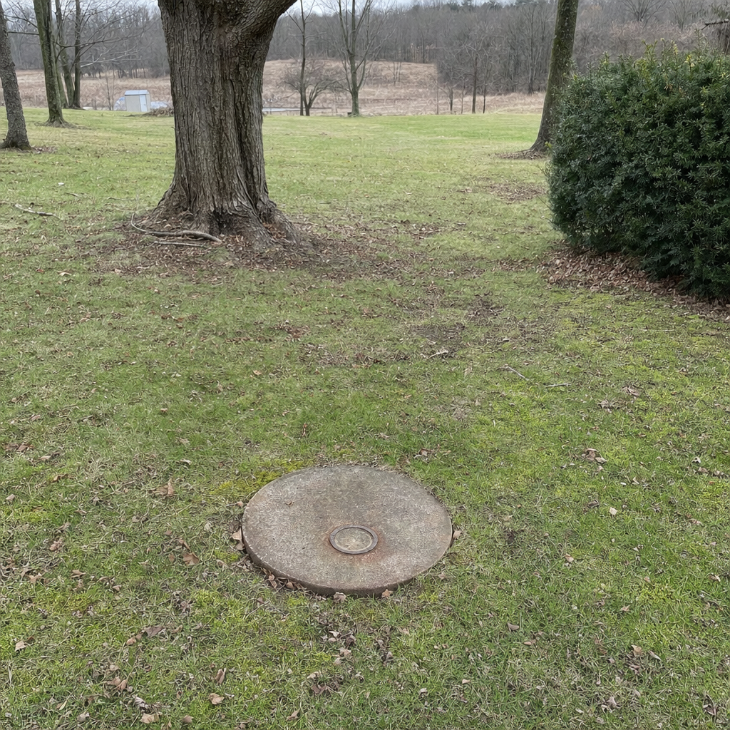 An older round cesspool access lid set flush in an established, mature Drayton Plains backyard lawn