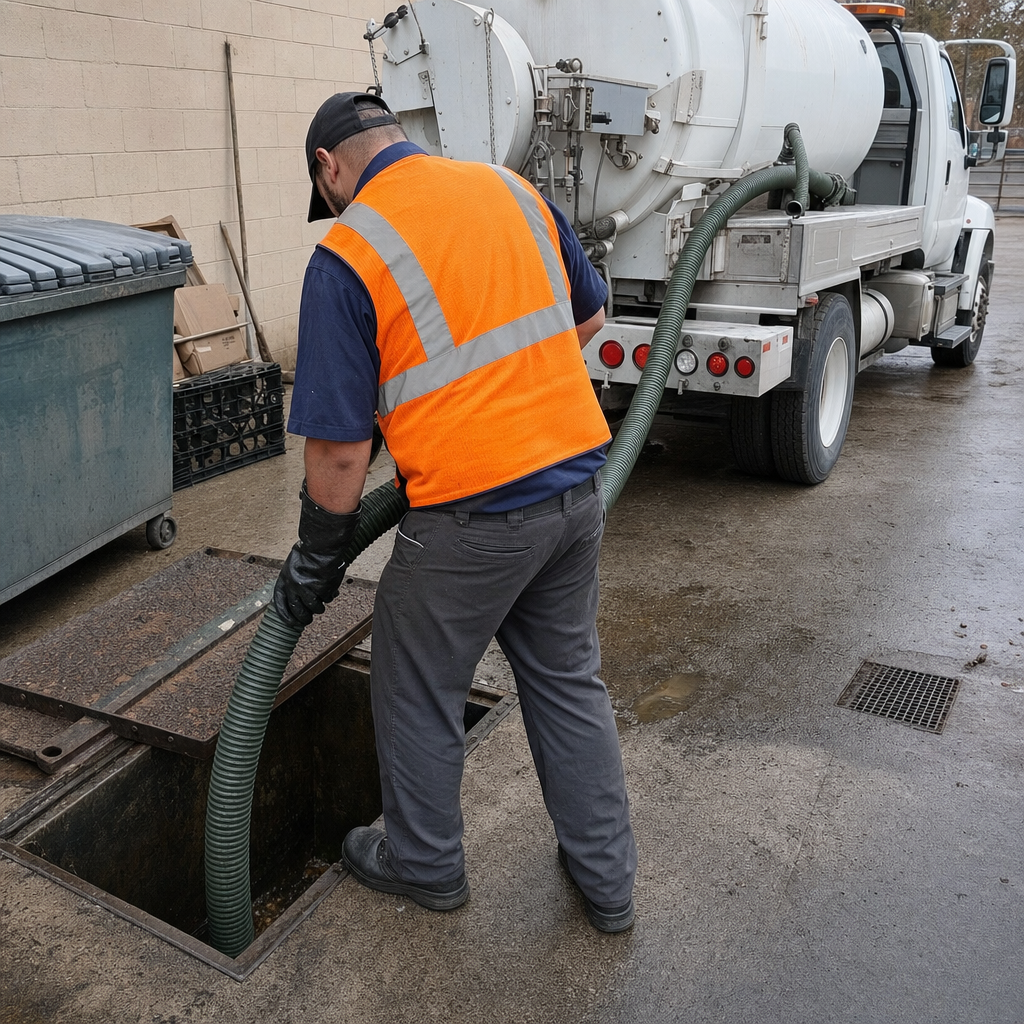 Technician pumping a grease trap behind a Drayton Plains restaurant