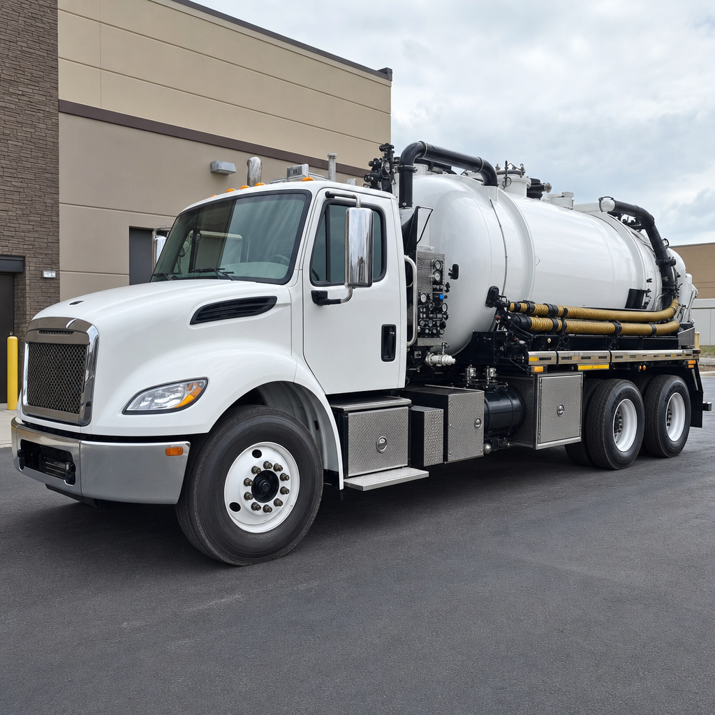 Commercial septic vacuum truck parked in a Drayton Plains business parking lot