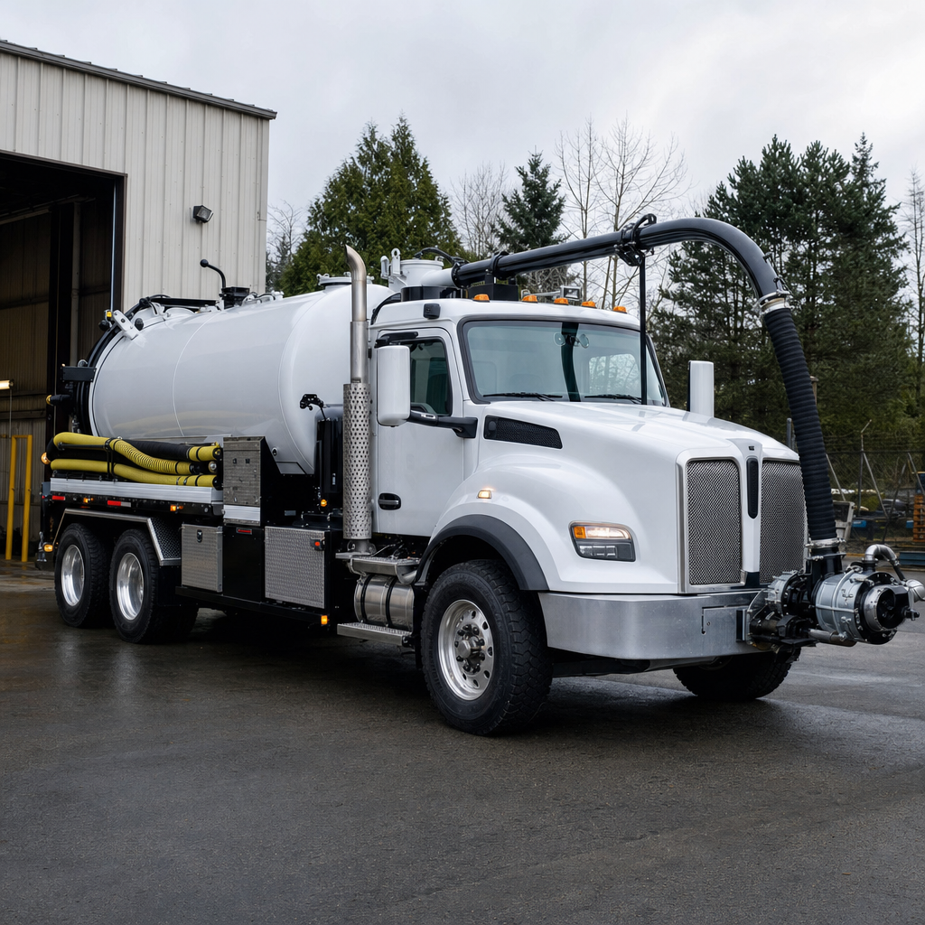 A clean white septic vacuum truck rolling out of a tidy Drayton Plains service depot at the start of the day