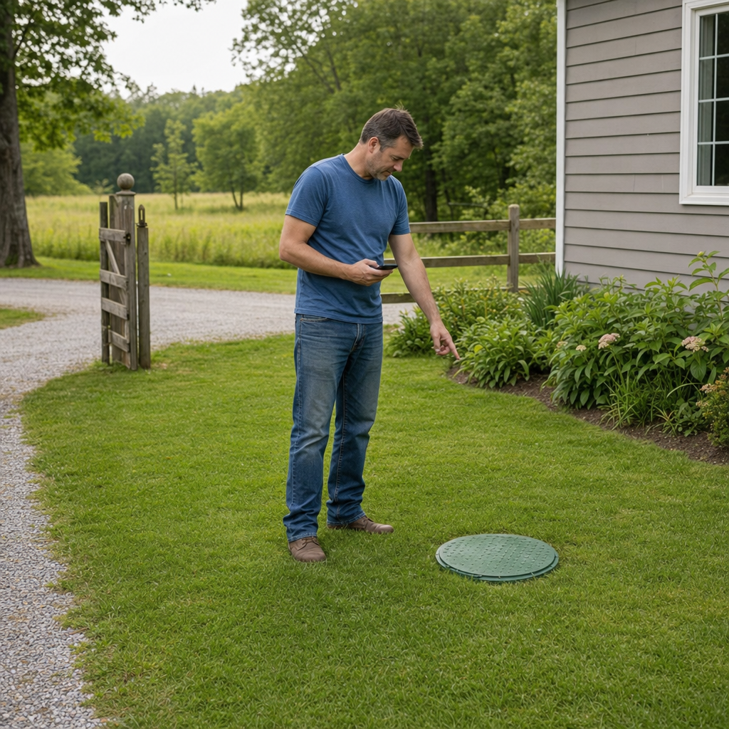 A Drayton Plains-area homeowner standing in the backyard noting where the septic tank lid and access route are located
