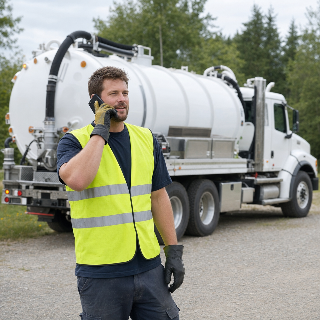 A friendly septic dispatcher holding a phone, ready to answer a Drayton Plains homeowner's call about a pump-out