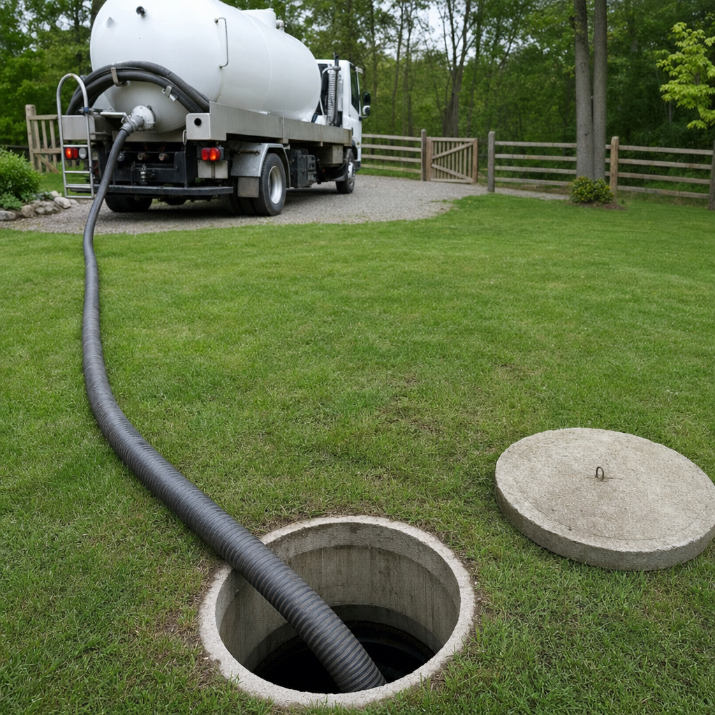 Suction hose connected to an open septic tank, drawing it down in a tidy Drayton Plains yard