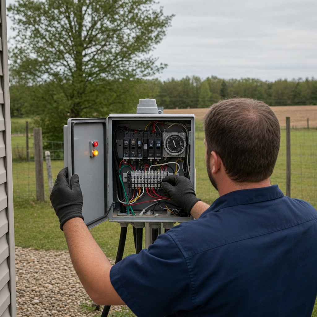 Technician checking an aerobic septic control box with a lit red high-water alarm during a same-day Drayton Plains visit