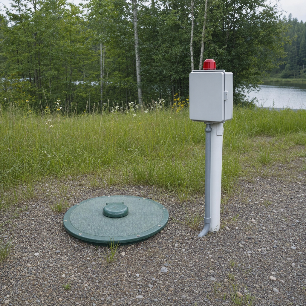 A wastewater holding tank access lid set in the ground at a rural Drayton Plains-area cabin, with a mounted high-level float alarm panel nearby