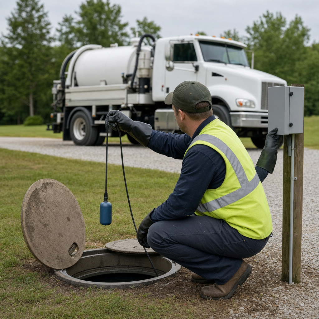 A septic technician in a high-visibility vest checking a high-level float switch and alarm panel on a holding tank at a rural Drayton Plains-area site