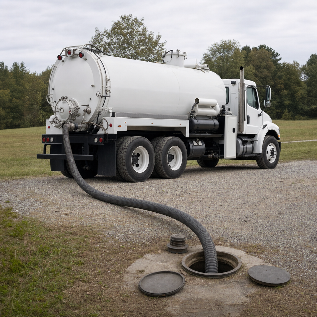 An unmarked white vacuum truck emptying a wastewater holding tank on a scheduled visit at a rural Drayton Plains-area property, thick suction hose running to the tank lid