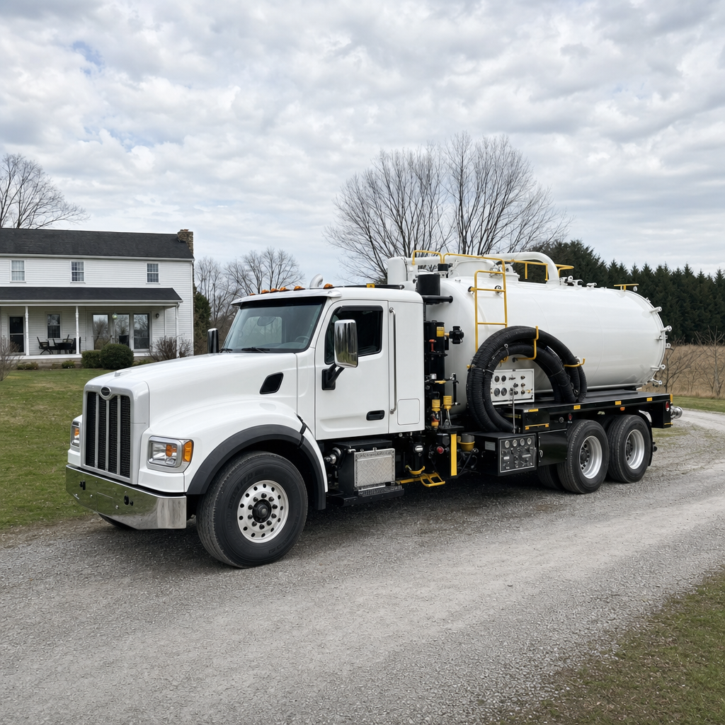 A clean white septic vacuum truck parked on a tidy Drayton Plains driveway with the suction hose neatly coiled