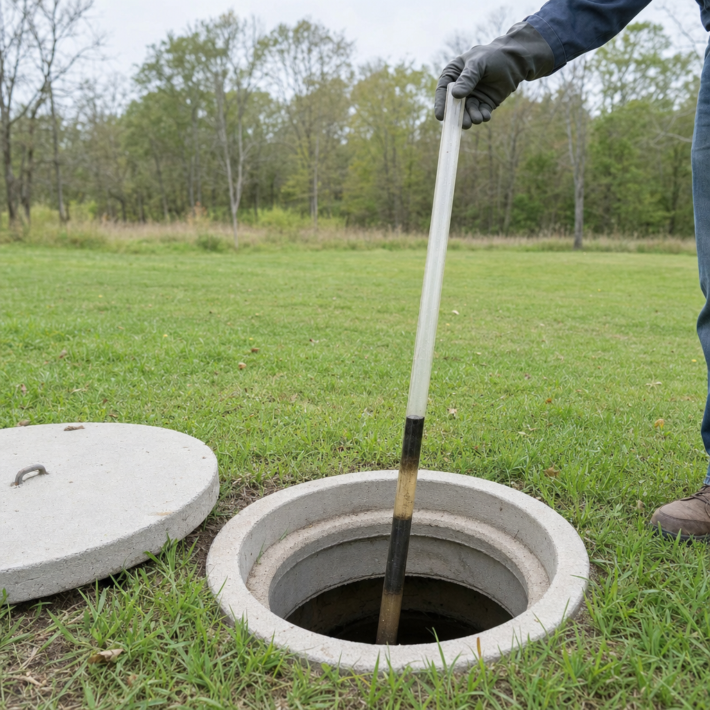 A septic sludge-judge measuring stick lowered into an open Drayton Plains septic tank to read the depth of the sludge and scum layers before deciding whether a pump-out is due