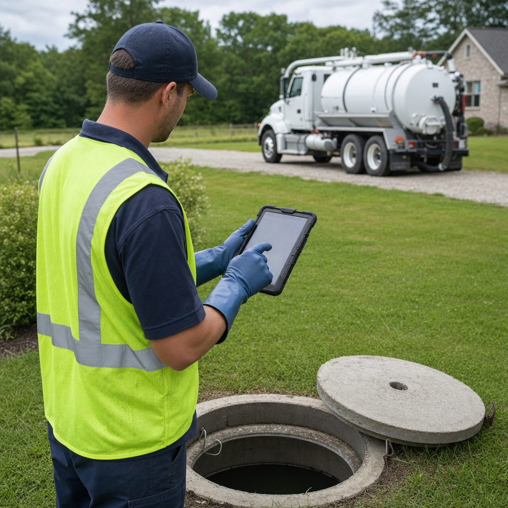 A septic technician recording a Drayton Plains home's pump-out date and tank condition on a tablet beside an open access lid, tracking the service history that sets the next due date