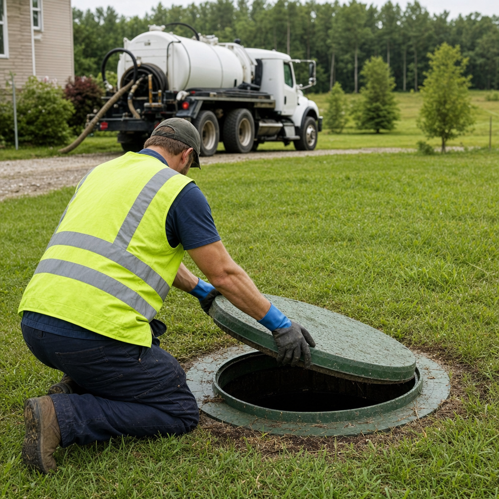 Septic technician kneeling on a Drayton Plains lawn, lifting the access lid on a residential septic tank