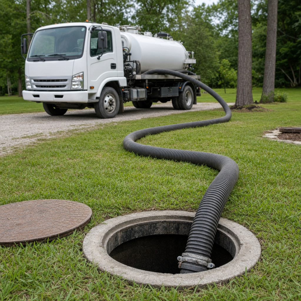 Thick ribbed suction hose lowered into a clean open septic tank port on a tidy Drayton Plains backyard lawn