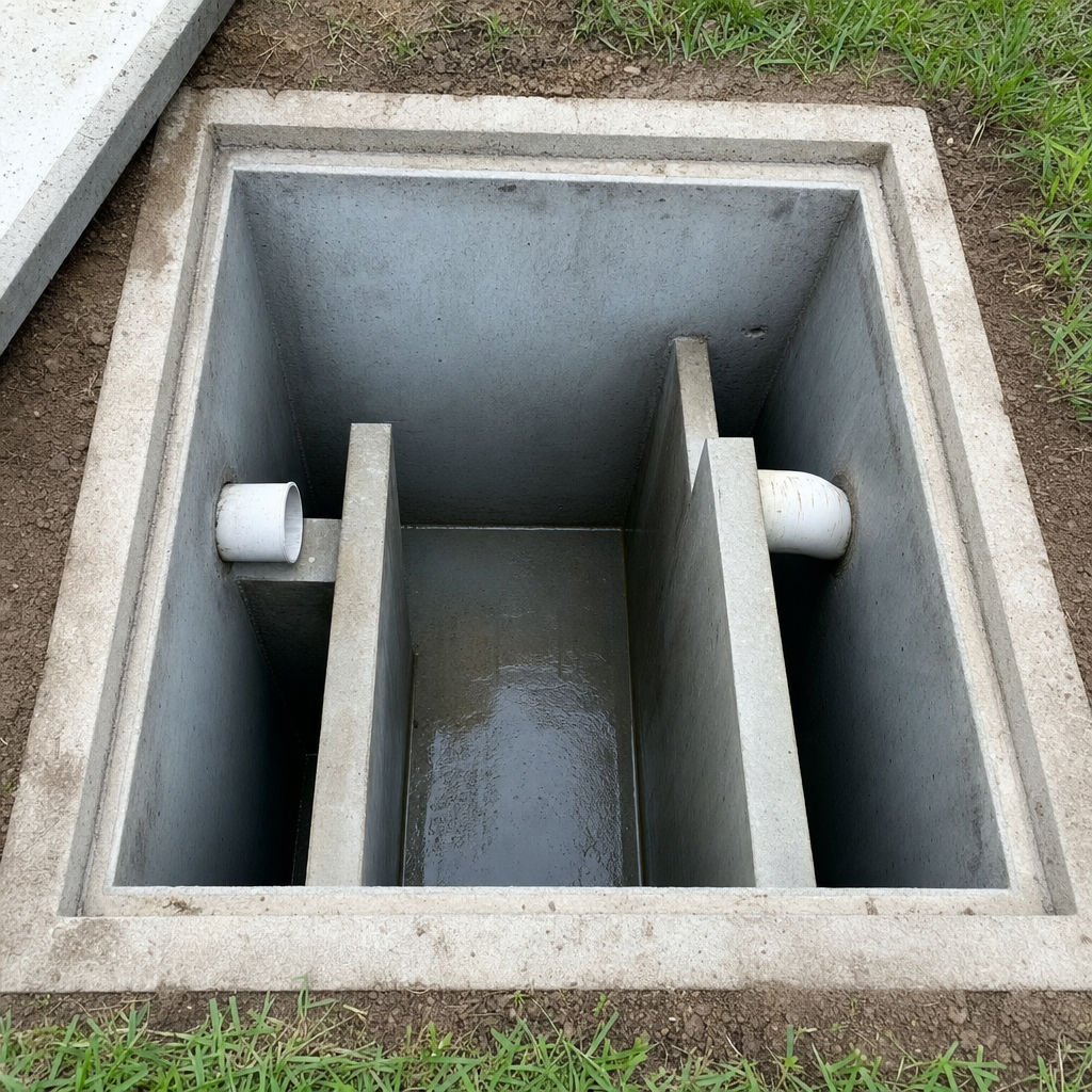 Inspection of the concrete baffles inside an open, emptied and freshly cleaned Drayton Plains septic tank