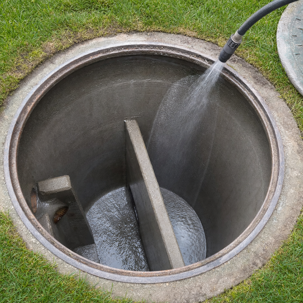 Interior concrete walls of an emptied Drayton Plains septic tank being rinsed clean with the truck's onboard water hose