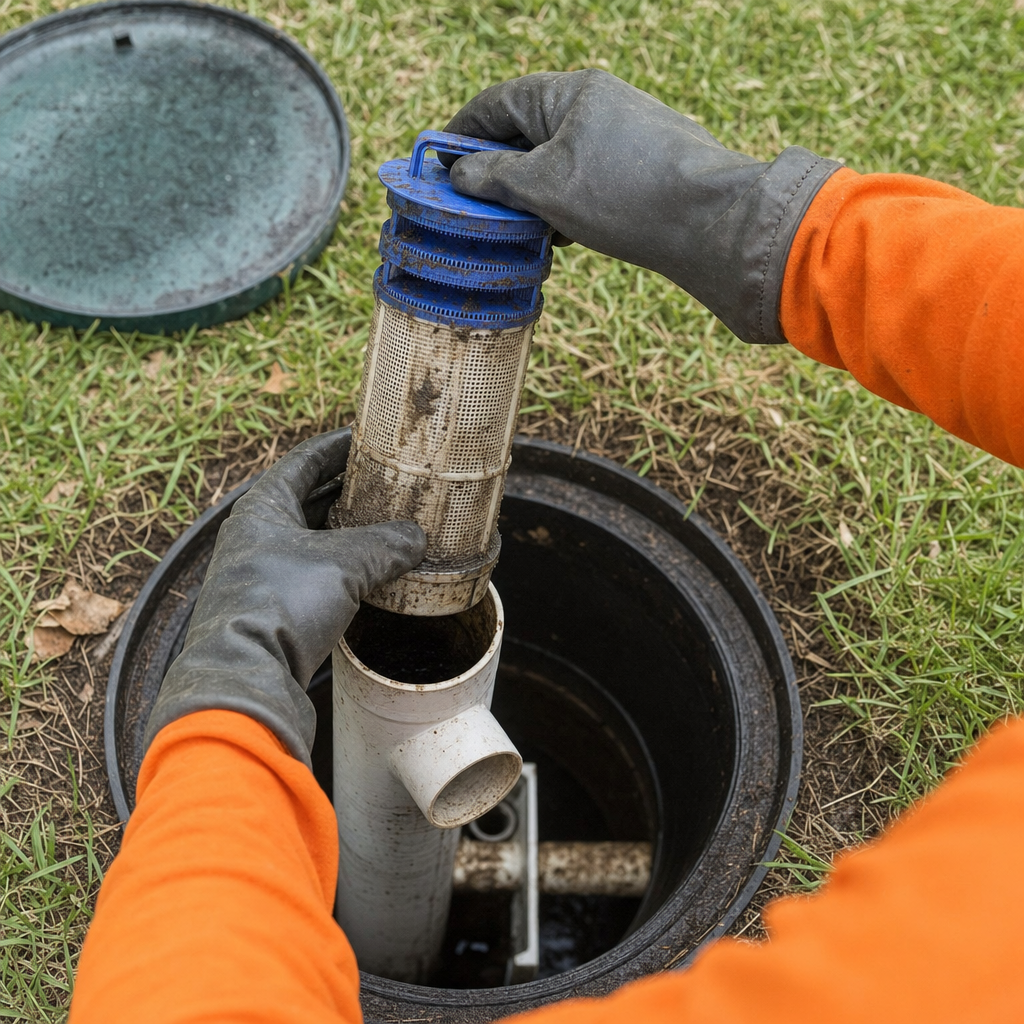 Septic technician's gloved hands lifting the effluent filter cartridge out of the outlet housing on a Drayton Plains septic tank