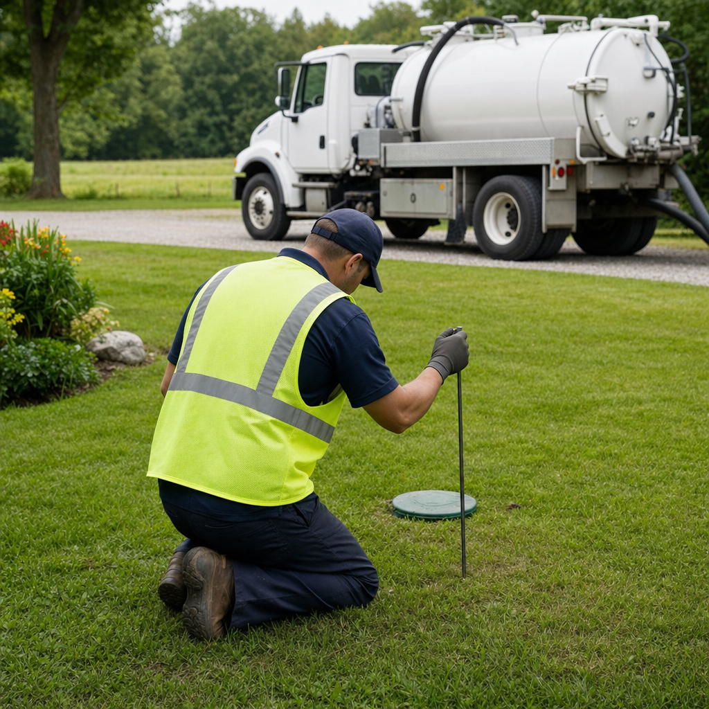 Septic technician kneeling on a Drayton Plains lawn, probing to locate and measure the depth of a buried septic tank lid before pumping