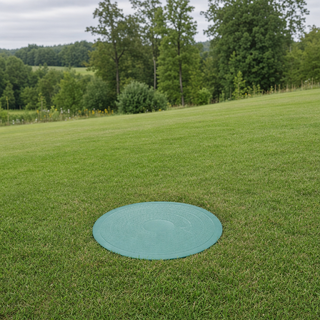 A newly installed septic riser bringing the tank lid up flush to grade in a Drayton Plains yard for easy future access