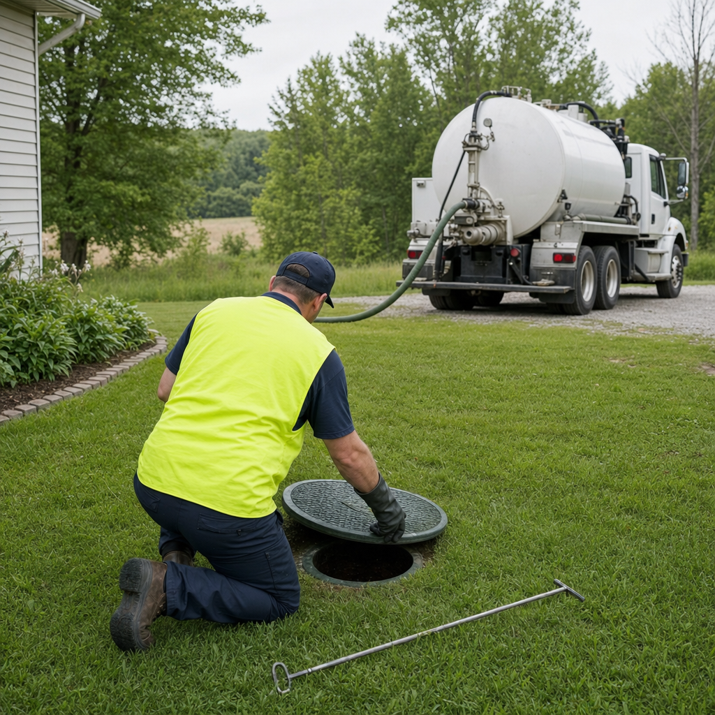 Septic technician kneeling on a Drayton Plains lawn, lifting the buried access lid on a residential septic tank
