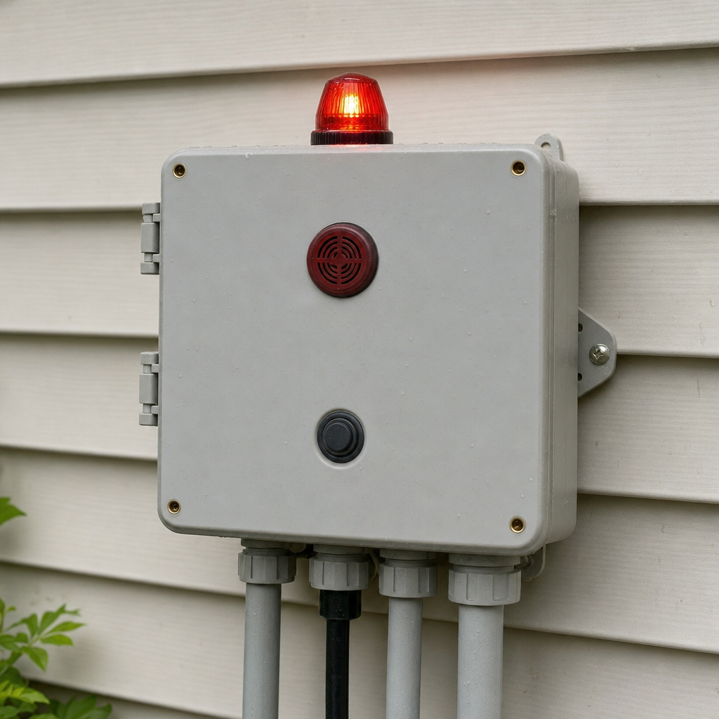 An aerobic septic system control panel mounted outside a Drayton Plains home with its red high-water alarm light lit