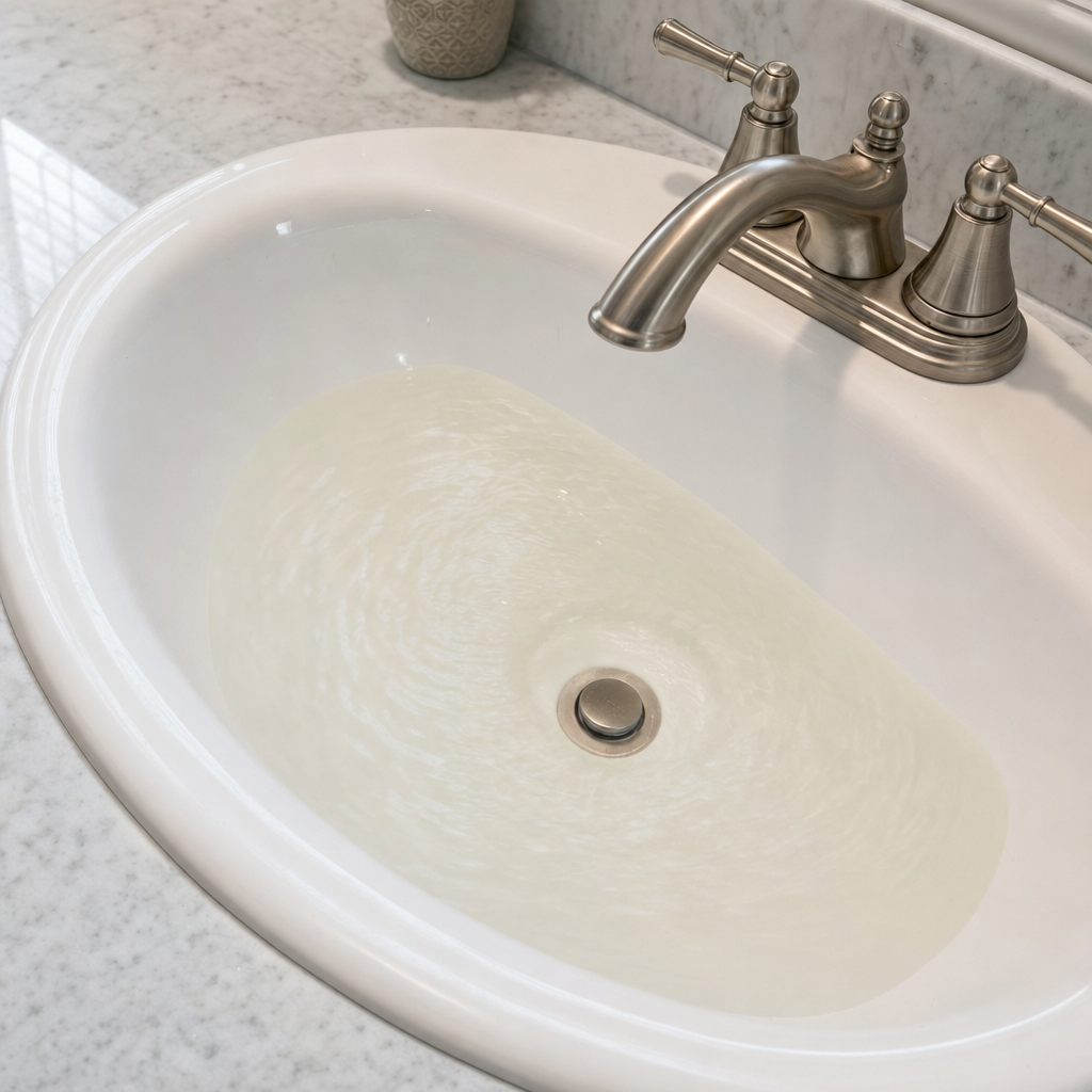A bathroom sink draining slowly with water pooled in the basin, an early warning sign that a Drayton Plains septic tank is full